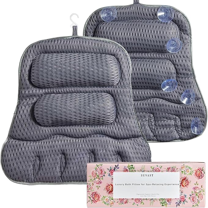 suvast Bath Pillows for Tub, Full-Body Relaxation with Head, Neck & Shoulder Support, Ergonomic Design, 10 Suction Cups, Breathable 4D Air Mesh (Grey) - Image 1